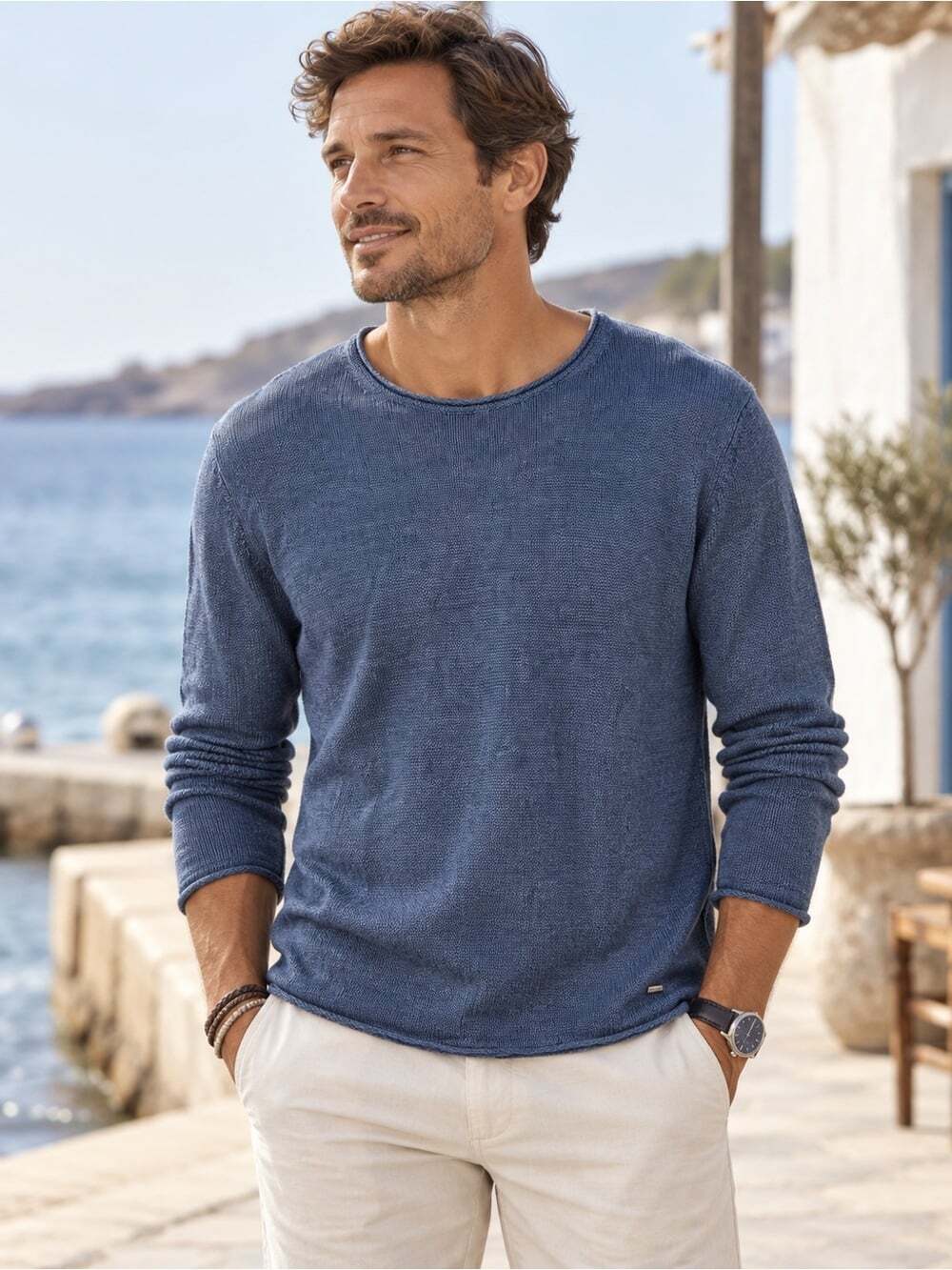Strellson 100% Linen Blue Lightweight Knit Sweater Men’s Large